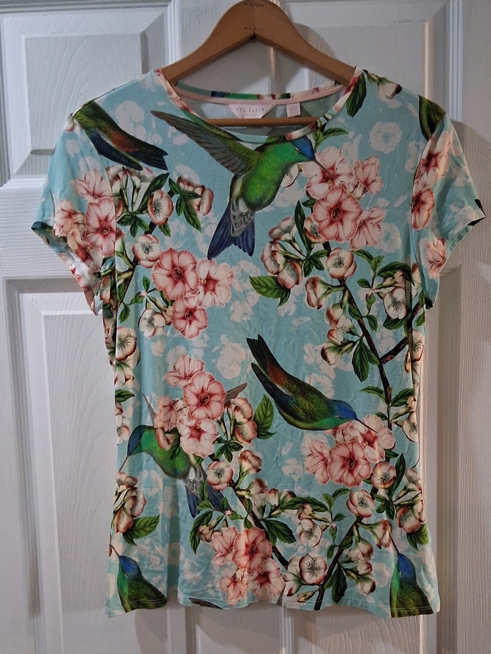 Ted Baker London Aqua Tee with Green Hummingbird & Pink Floral Design